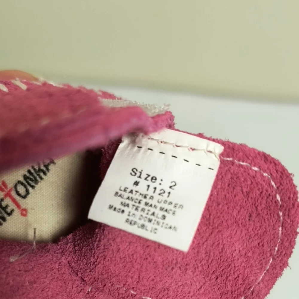 Minnetonka Pink Moccasins with Fringe and Contrast Stitching Baby Size 2